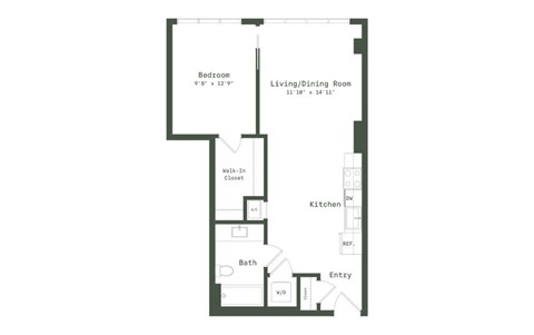 Floor plan for 1 bed, 1 bath, 727 sqft